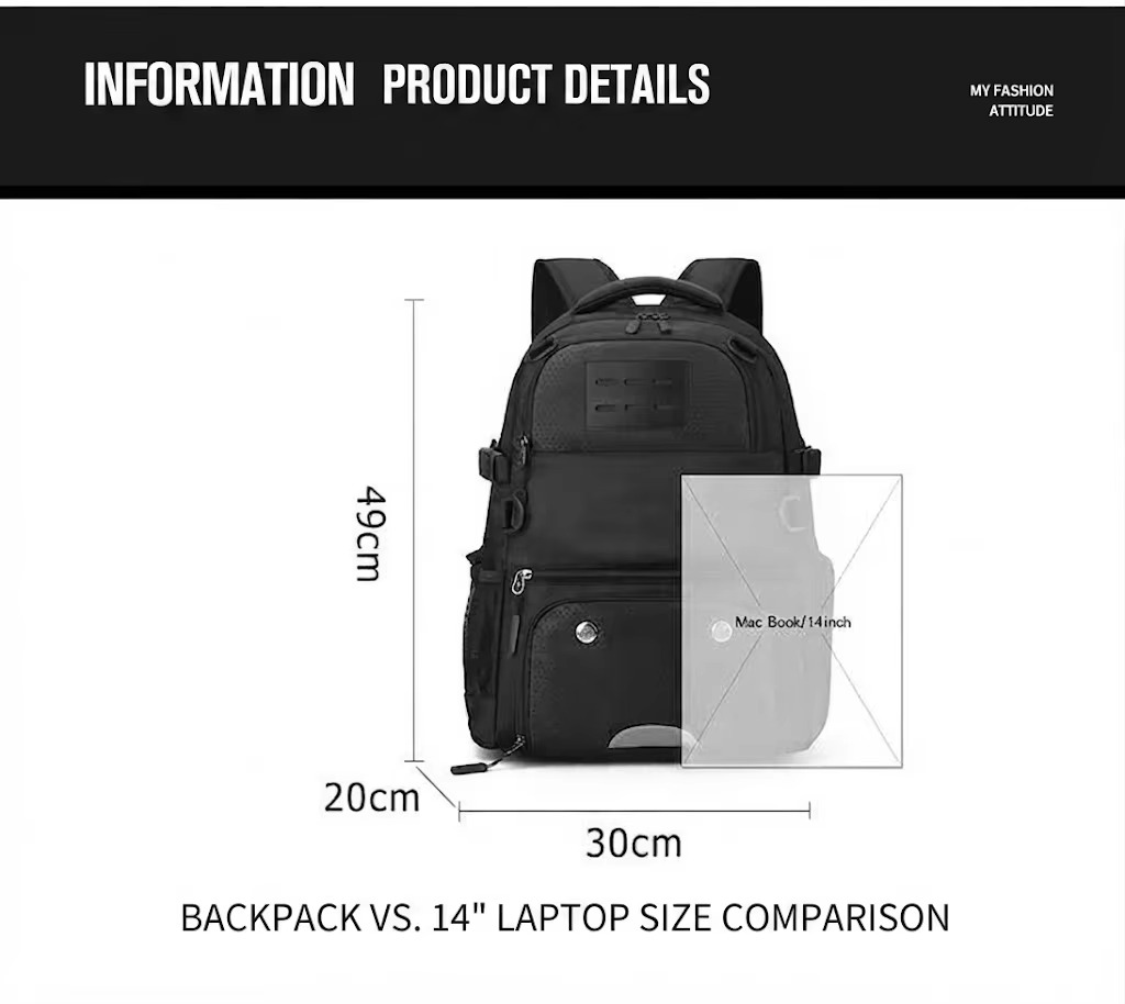49x30x20 cm size compared with 14-inch laptop