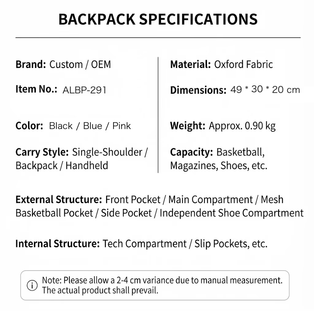 specification table with material, colors and structure