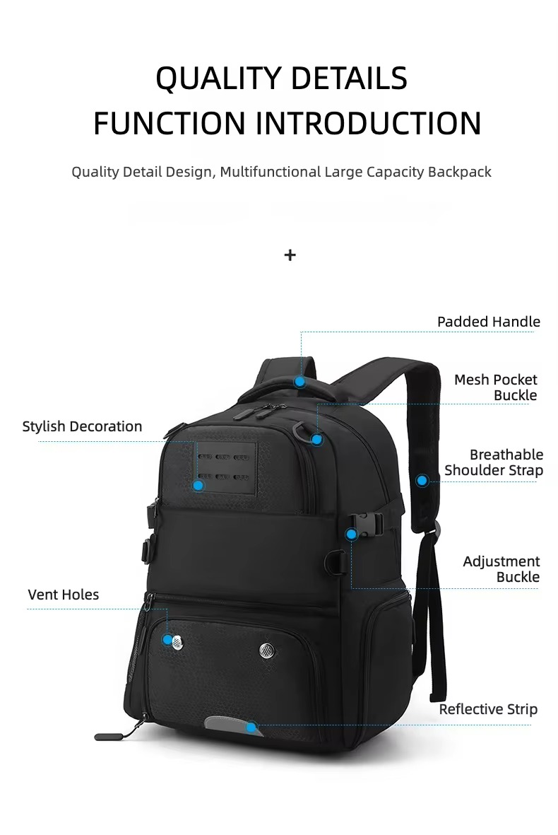 labeled features including padded handle, vent holes and reflective strip