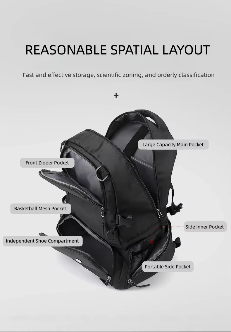 compartment layout with main, mesh ball and shoe pockets