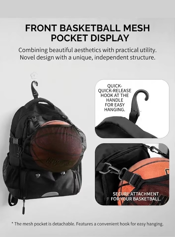 detachable mesh ball pocket and quick-release hanging hook