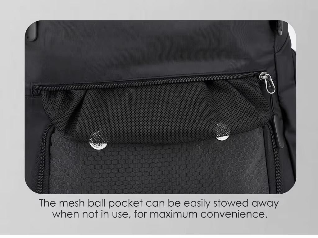 mesh ball pocket stowed in front pocket