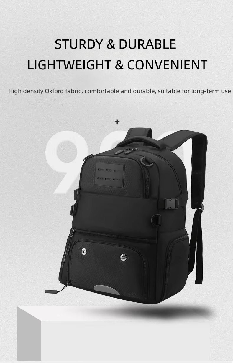 high-density Oxford black backpack front angle