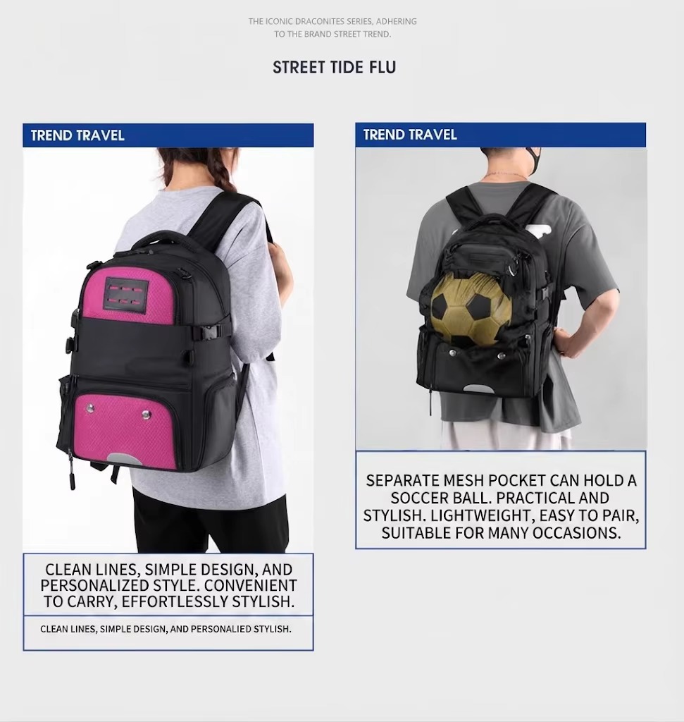 pink backpack and soccer ball in mesh pocket worn by models