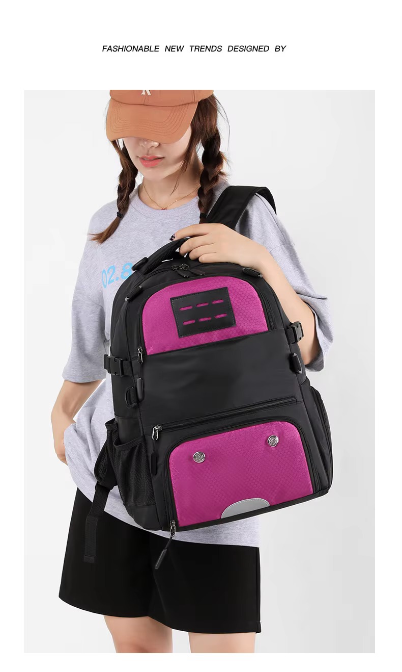 model carrying pink backpack