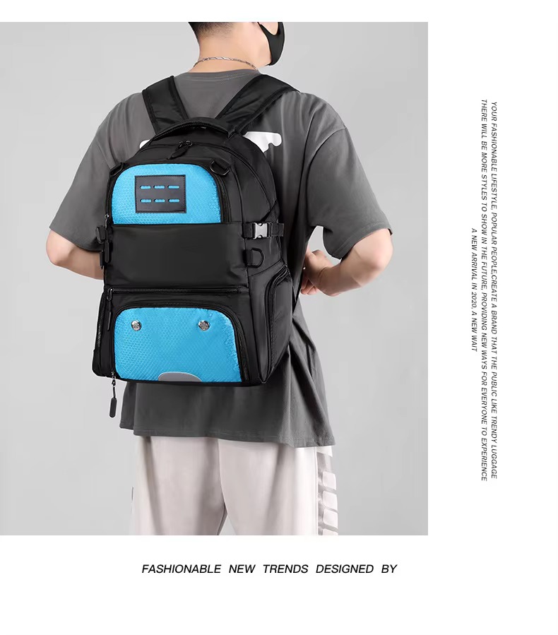 model wearing blue backpack