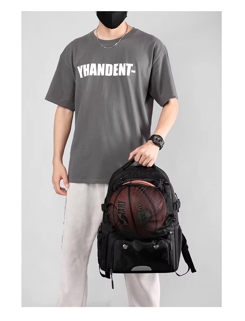model holding backpack with basketball in mesh pocket