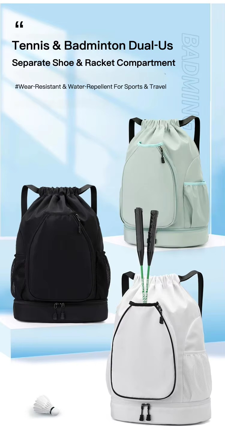 tennis and badminton drawstring backpacks in white, black and mint