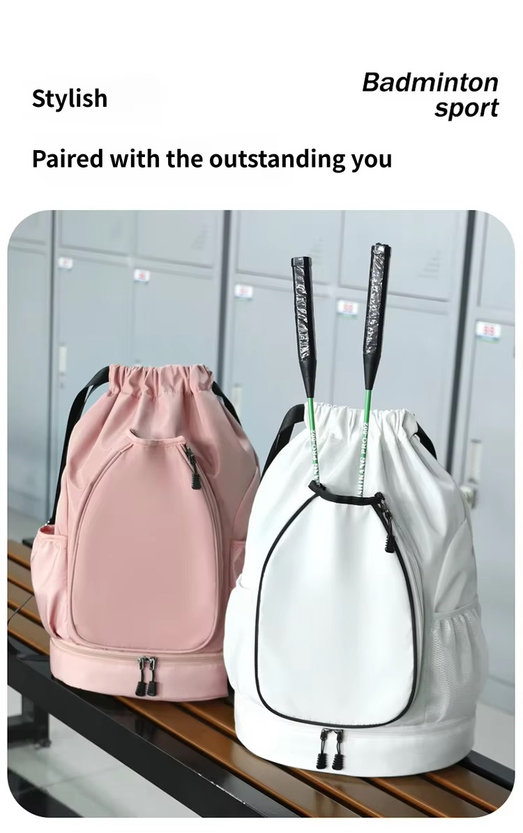 pink and white backpacks with badminton rackets in locker room