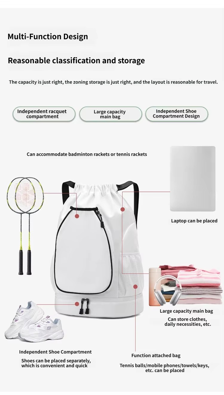 racket compartment, main bag and shoe compartment layout