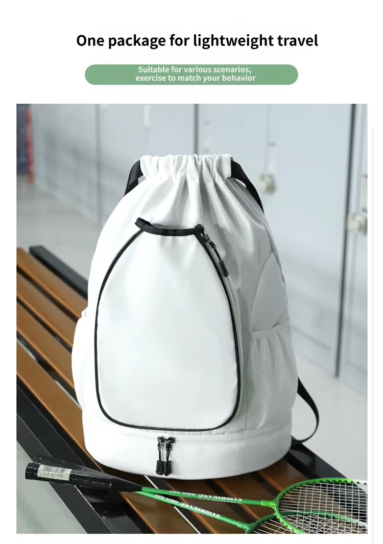 white backpack on bench with badminton rackets