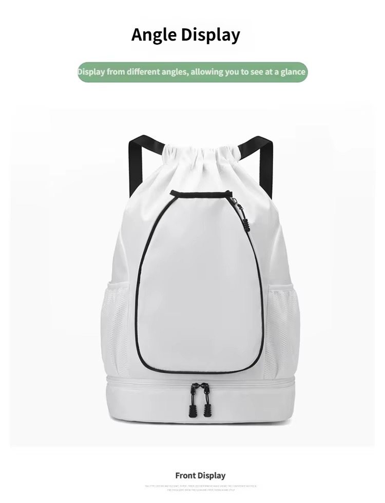 front view of white drawstring backpack