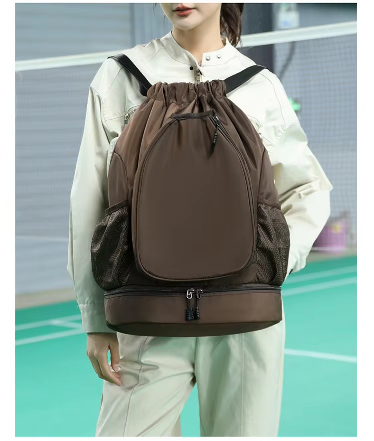 model wearing brown backpack