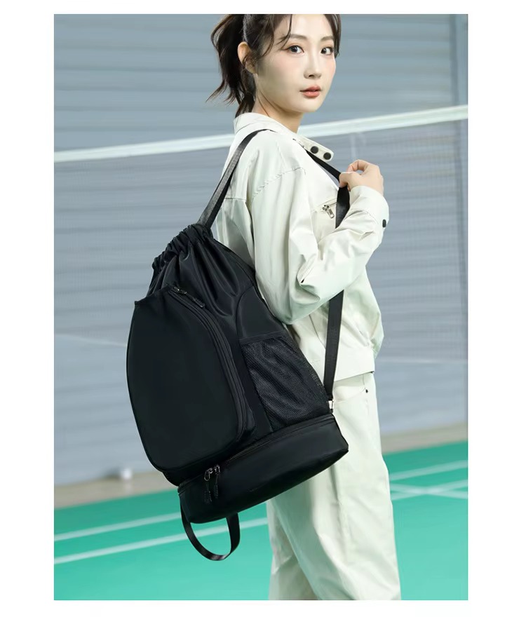 model wearing black backpack