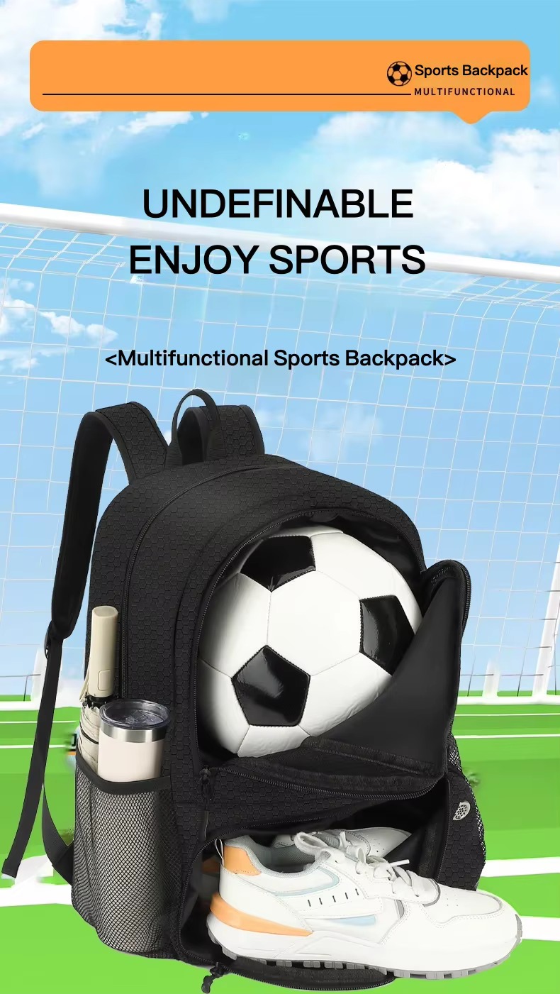 soccer backpack with ball and sneakers on field