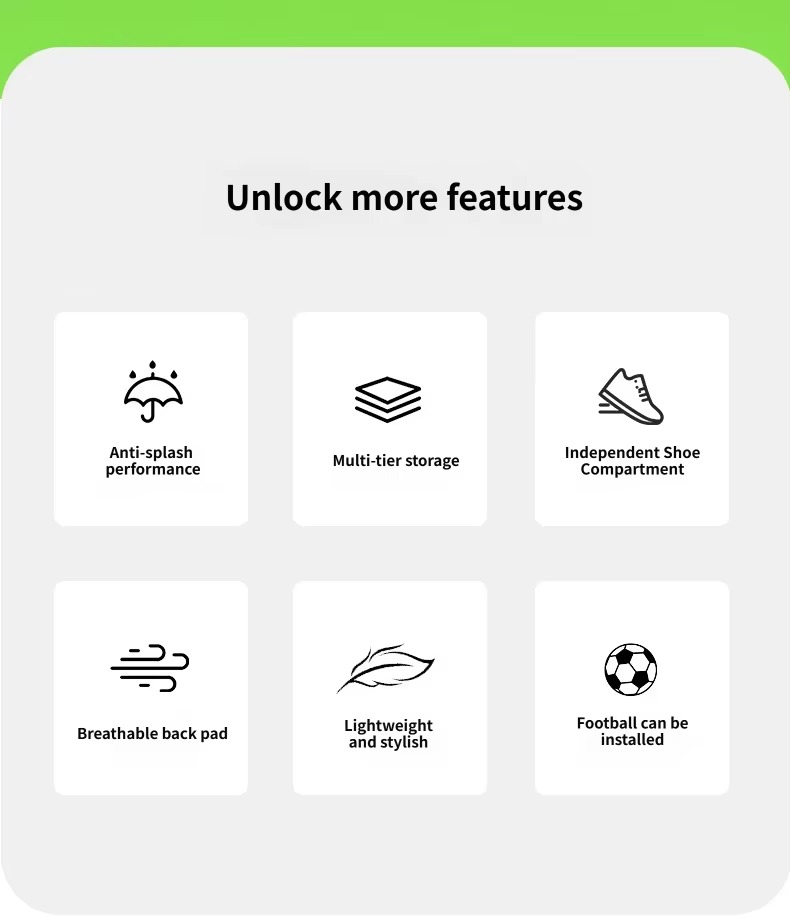 feature icons for splash resistance, shoe compartment and ball