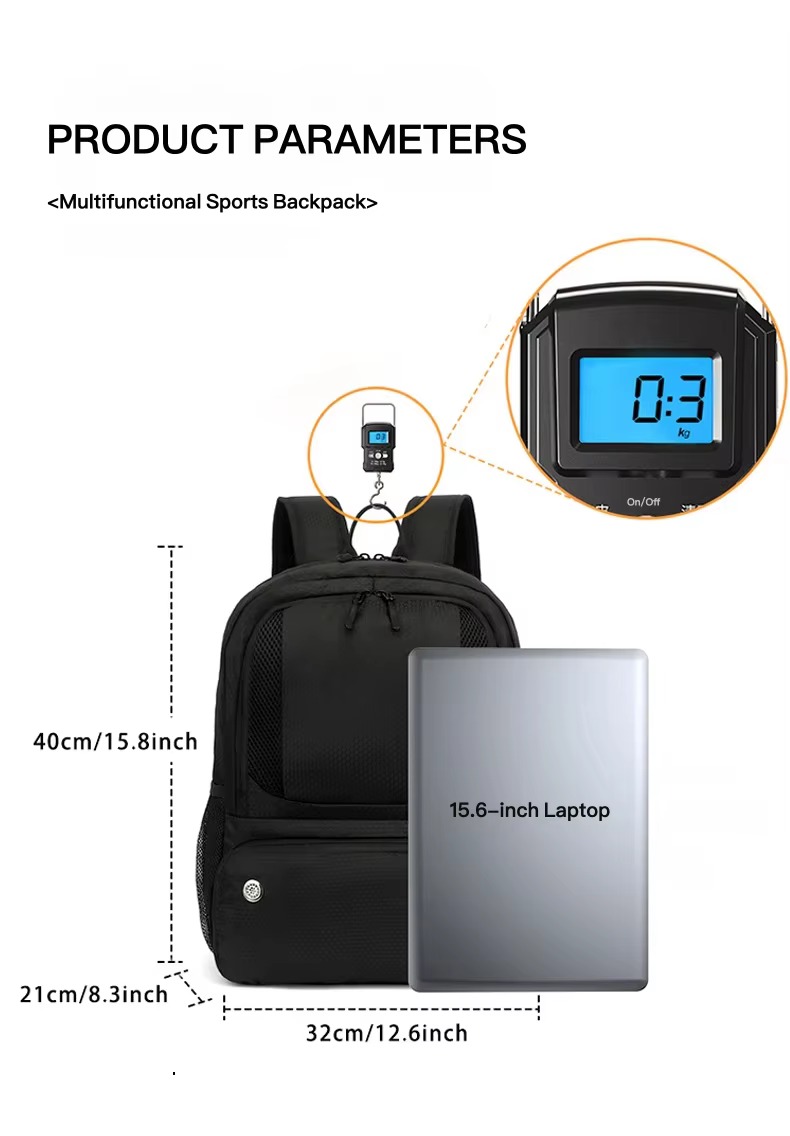 32x21x40 cm size with 15.6-inch laptop and 0.3 kg weight