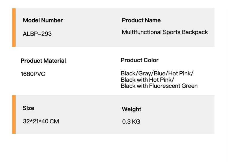 parameter table with 1680PVC material and color list