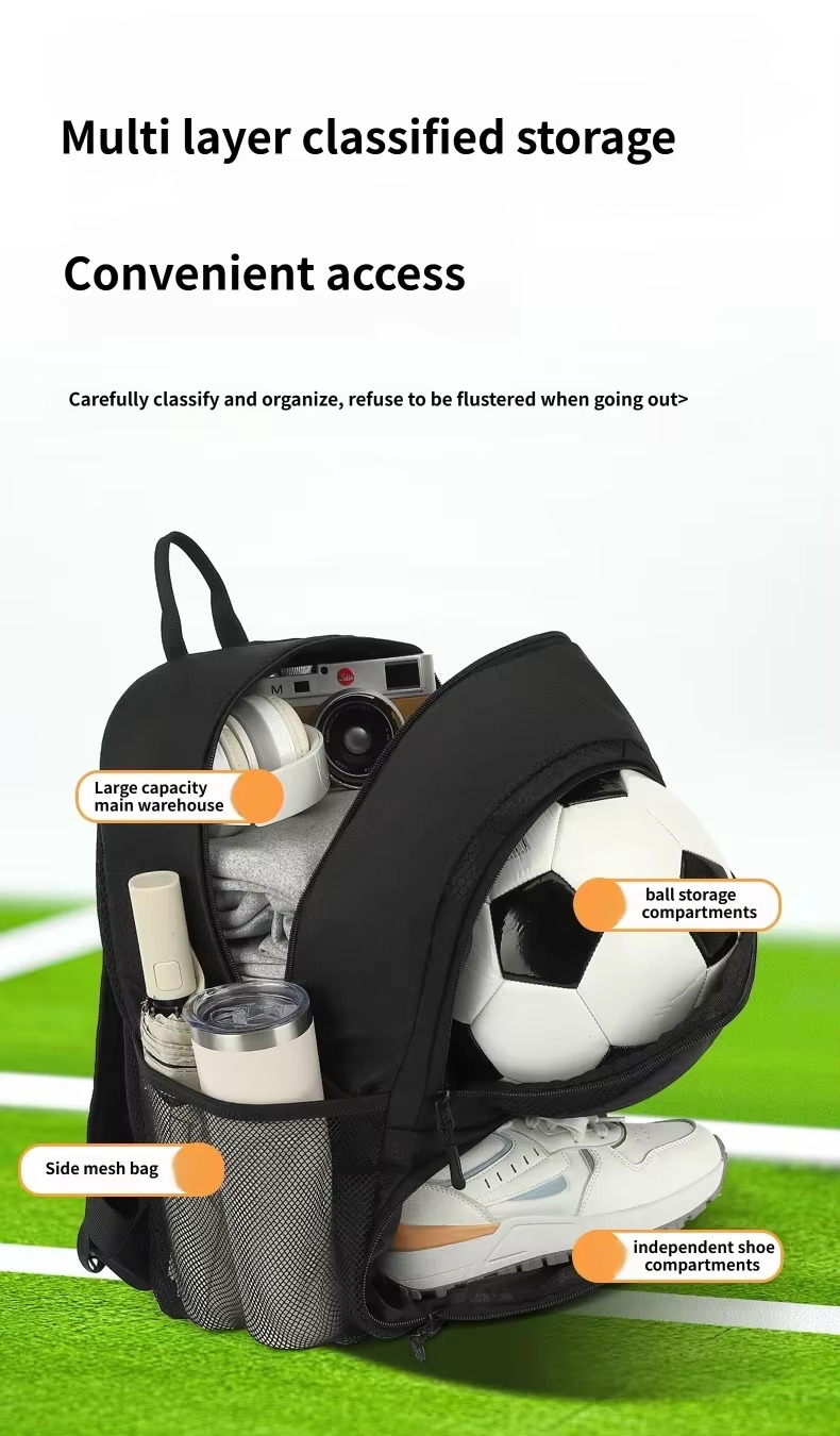 labeled main, ball, side mesh and shoe compartments