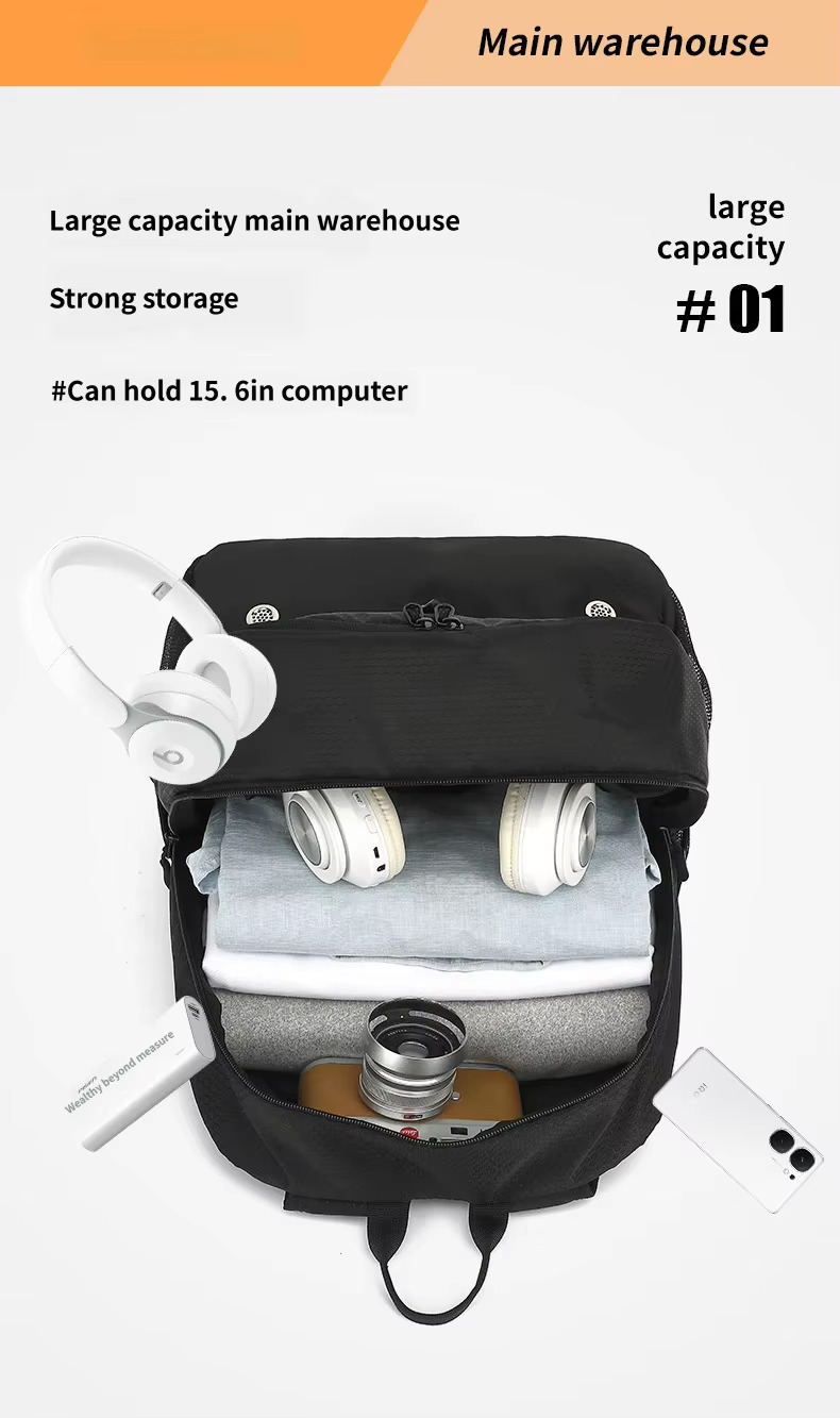 main compartment holding clothes, headphones and camera