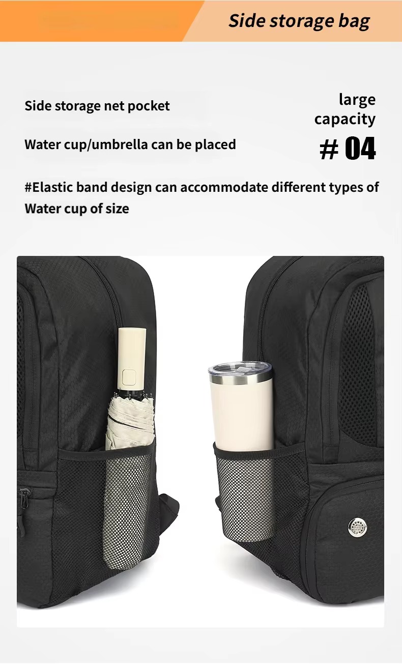 side mesh pockets holding umbrella and tumbler