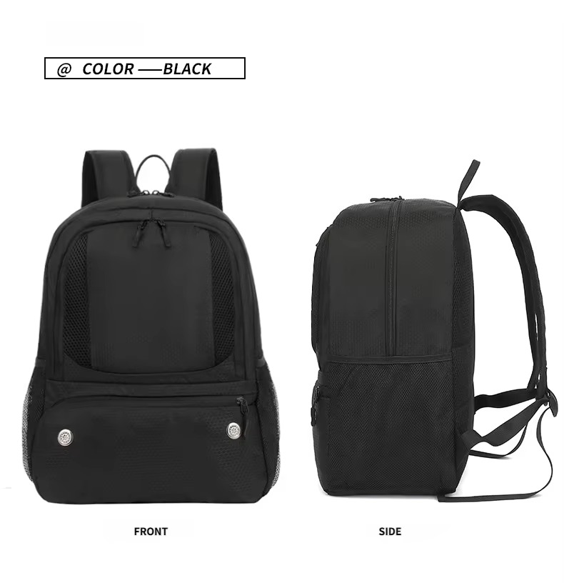 black backpack front and side views