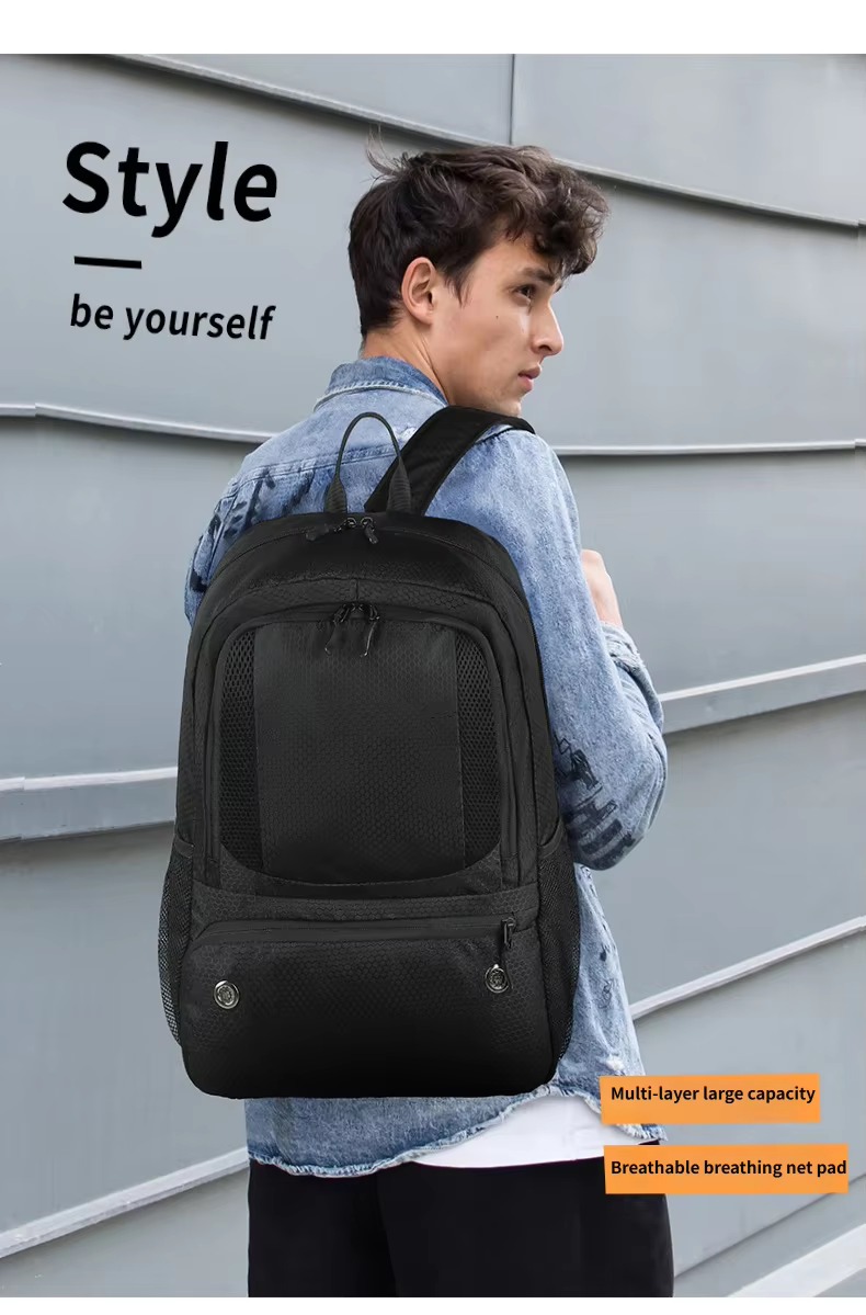 man wearing backpack in casual style