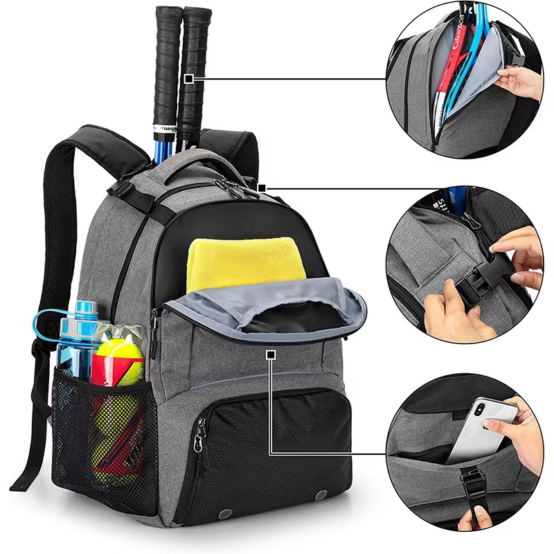 racket sleeve, chest buckle and phone pocket close-ups