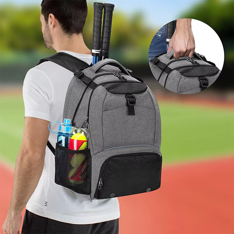player wearing tennis backpack with rackets on court