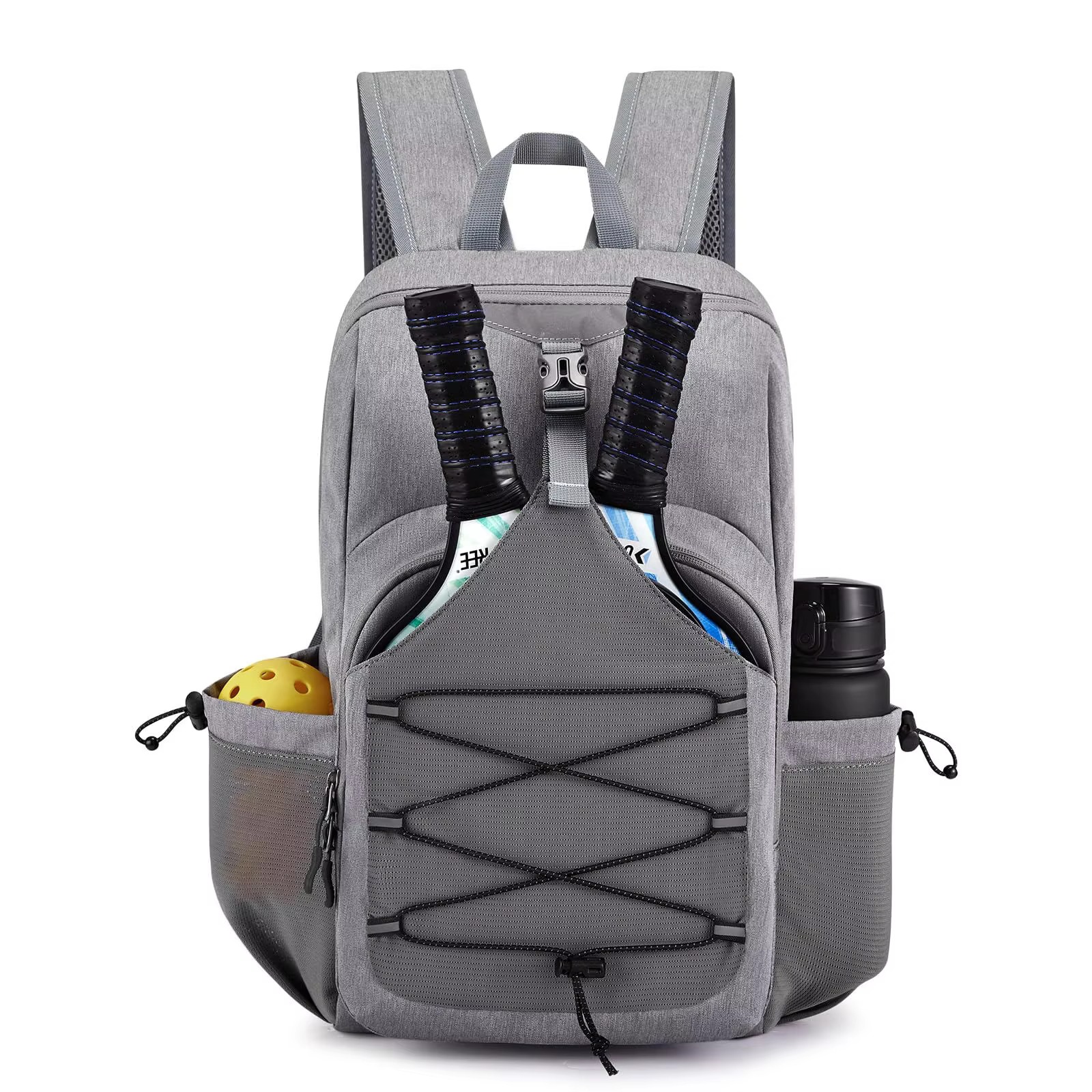 gray pickleball backpack with two paddles and balls