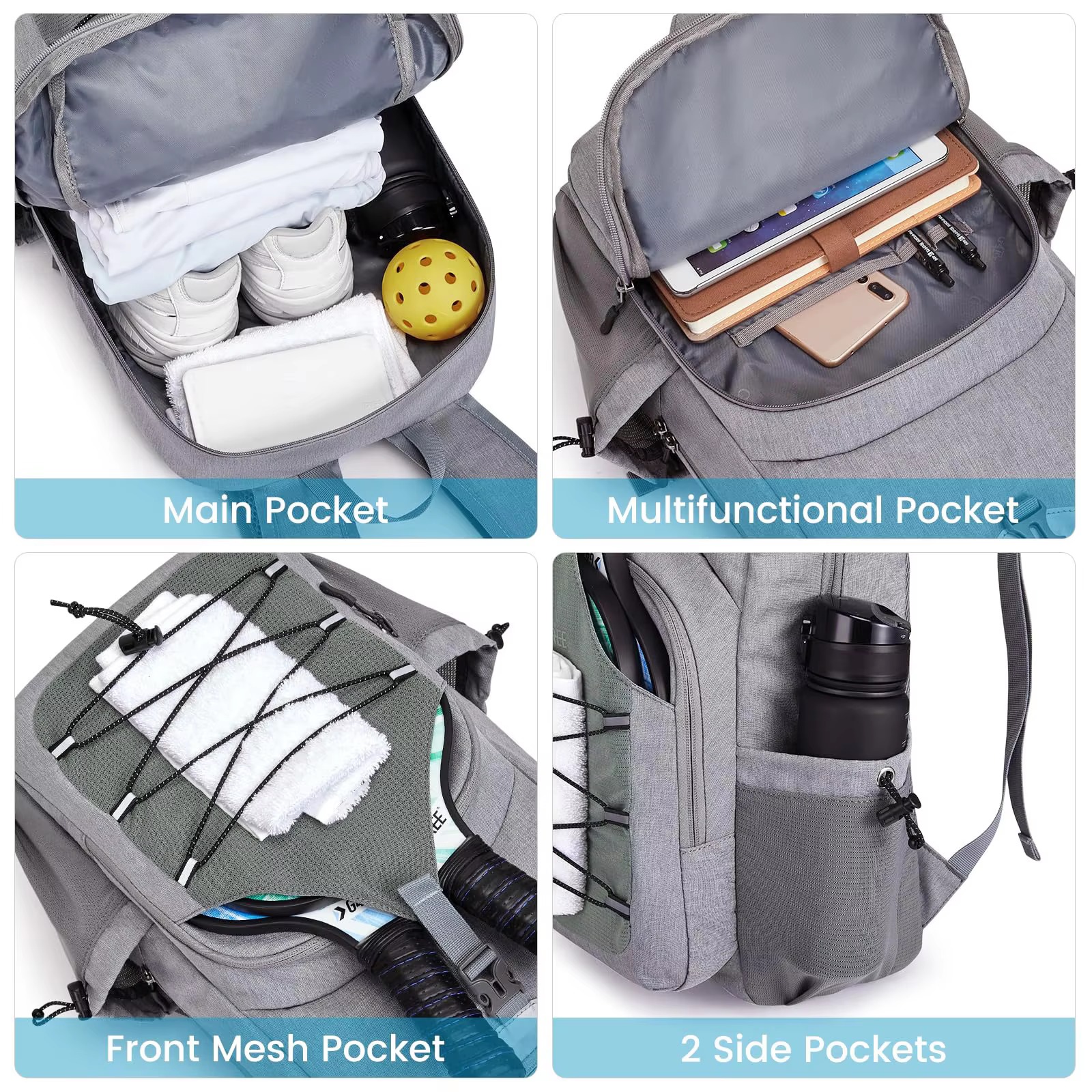 main pocket, organizer pocket, front mesh pocket and side pockets