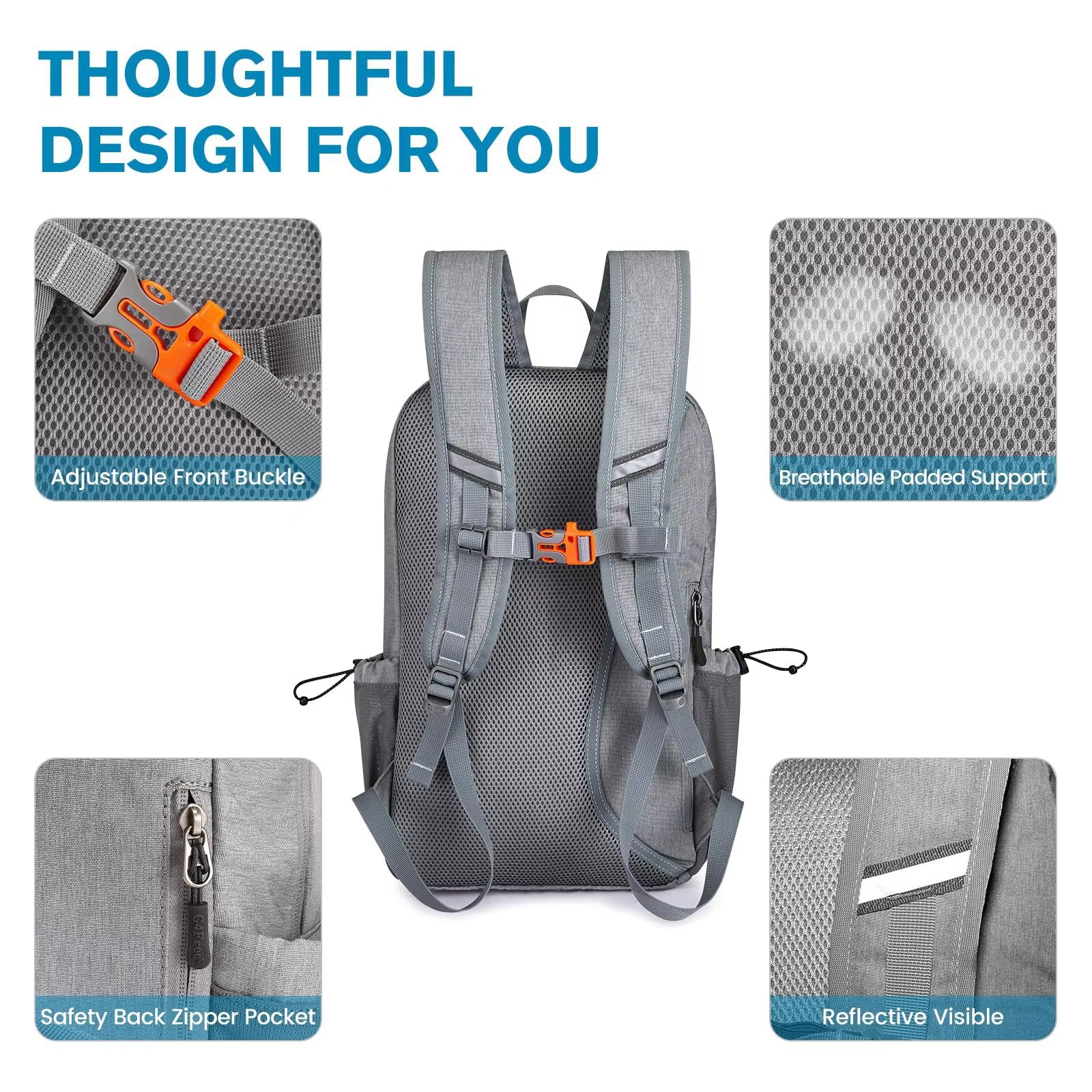 chest buckle, breathable back padding, back zipper pocket and reflective strip