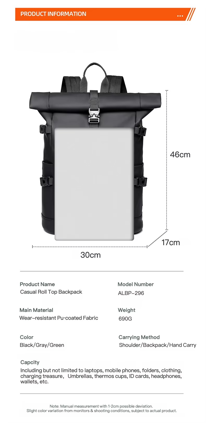 roll top backpack 46x30x17 cm with laptop and spec table