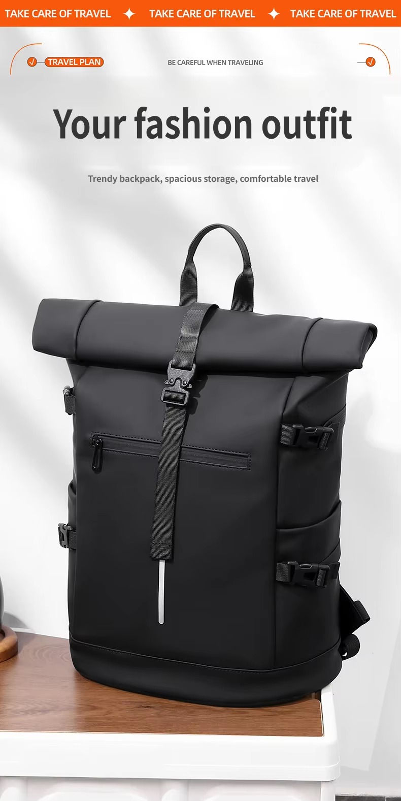 black roll top backpack on wooden shelf