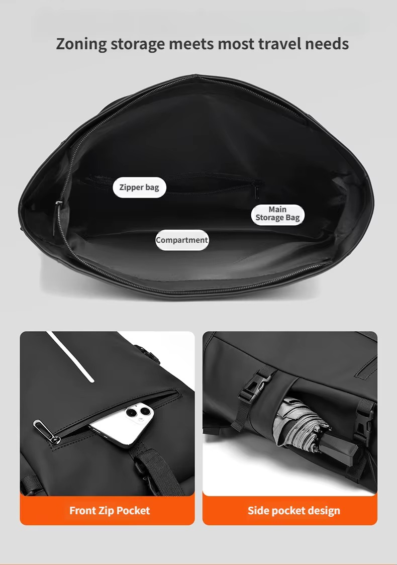 interior zipper bag and compartments, front zip and side pockets