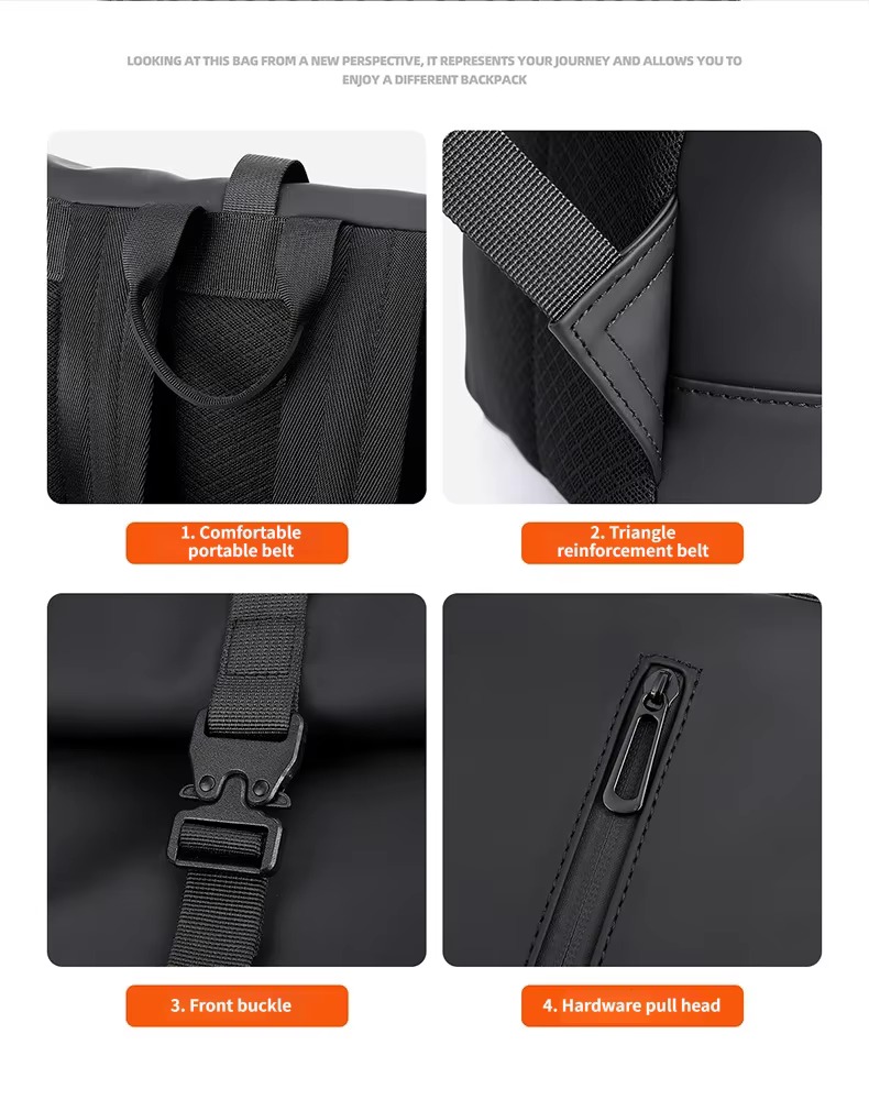 padded straps, triangle reinforcement, front buckle and zipper puller