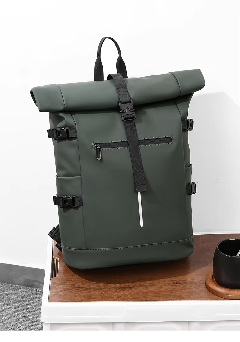 green roll top backpack front angle