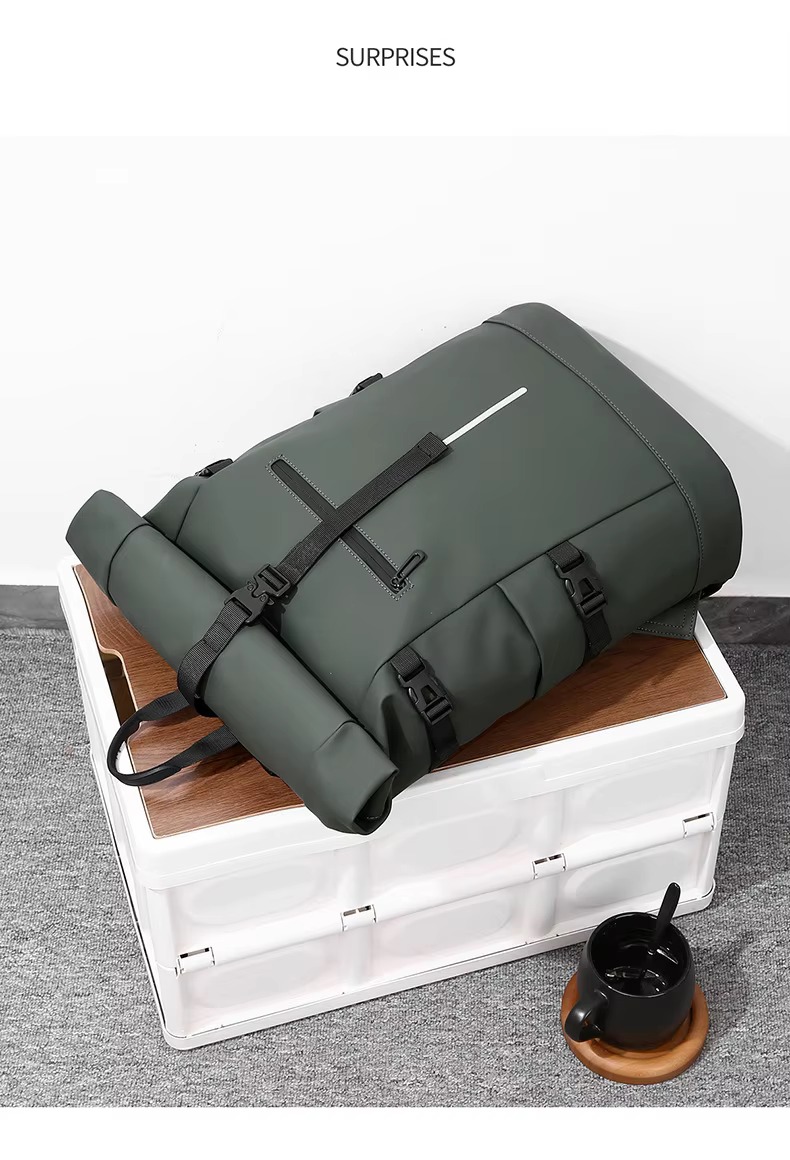 green backpack lying on storage box