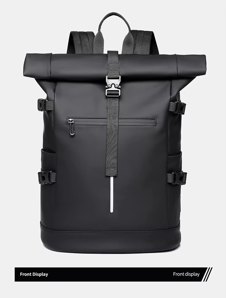 front view of black roll top backpack