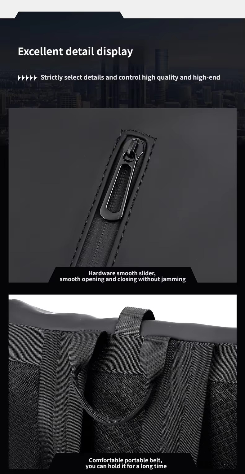 zipper slider and padded carry handle close-ups
