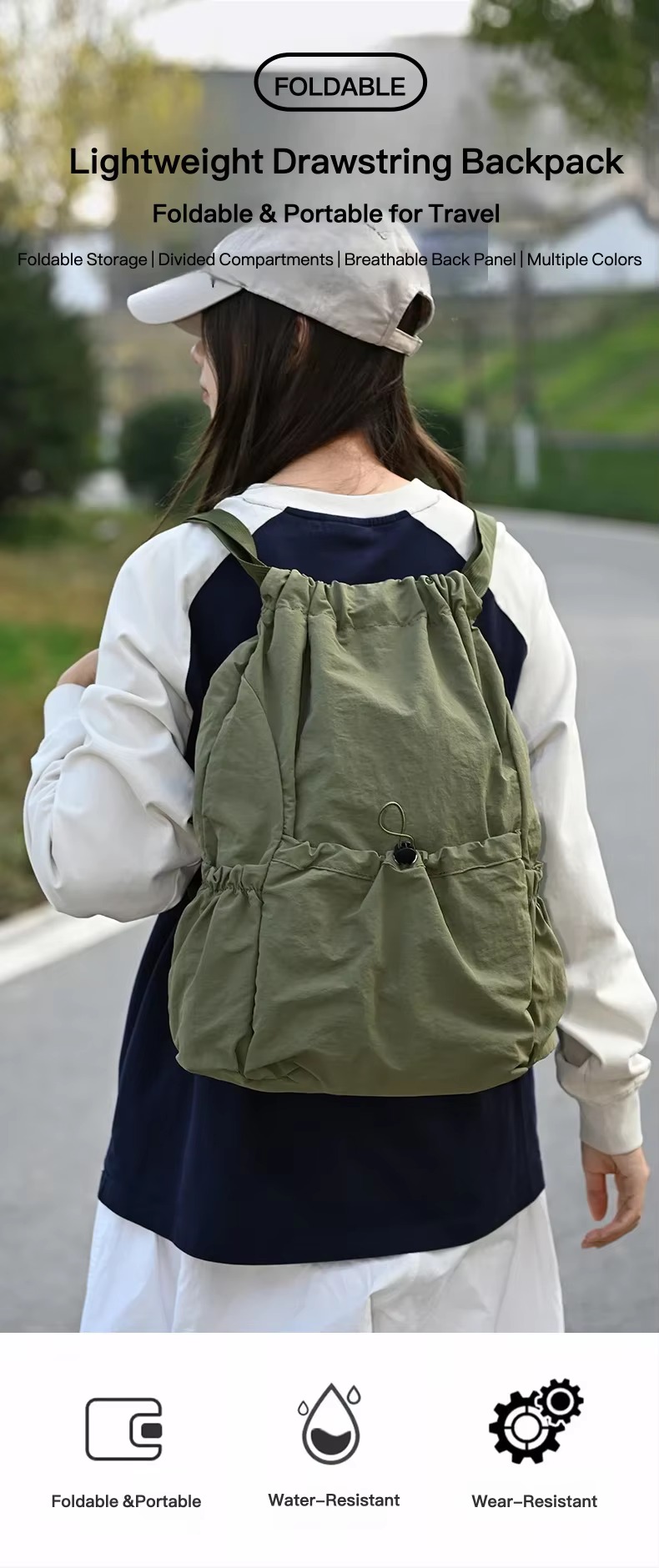 woman wearing green foldable drawstring backpack