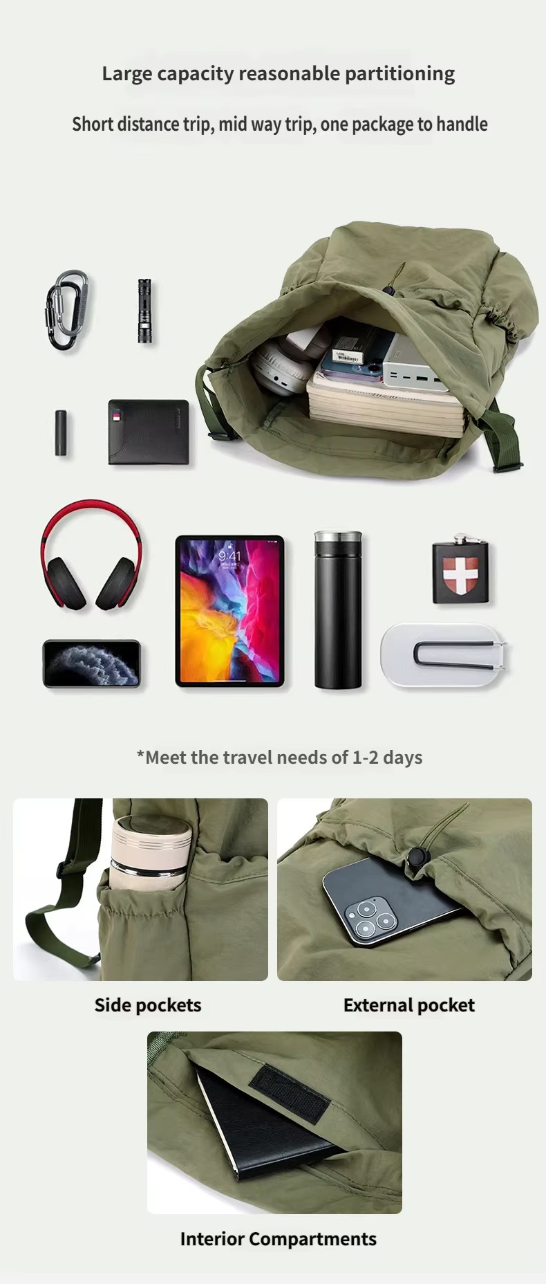 items it holds, side pockets and interior compartment