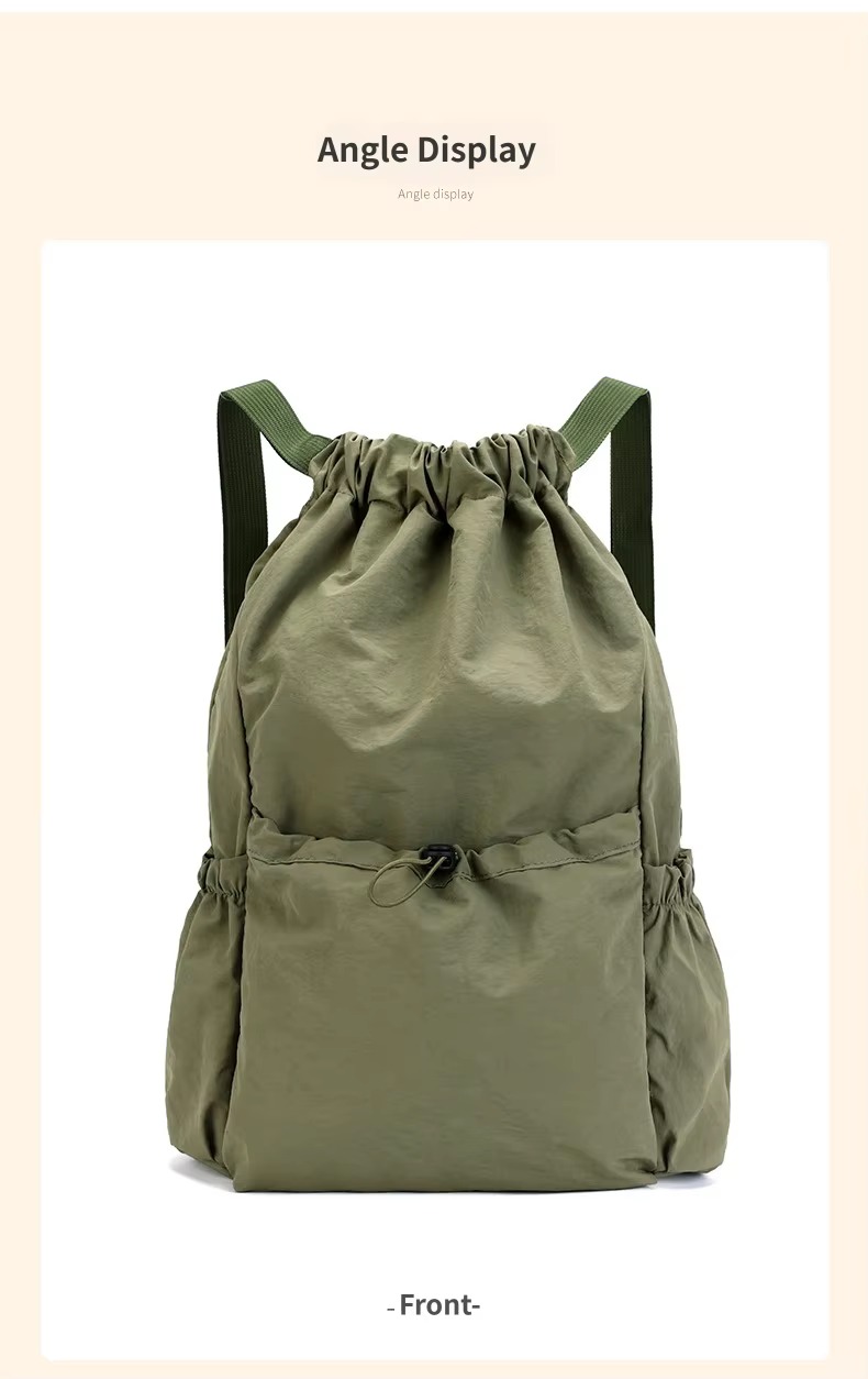 front view of green drawstring backpack
