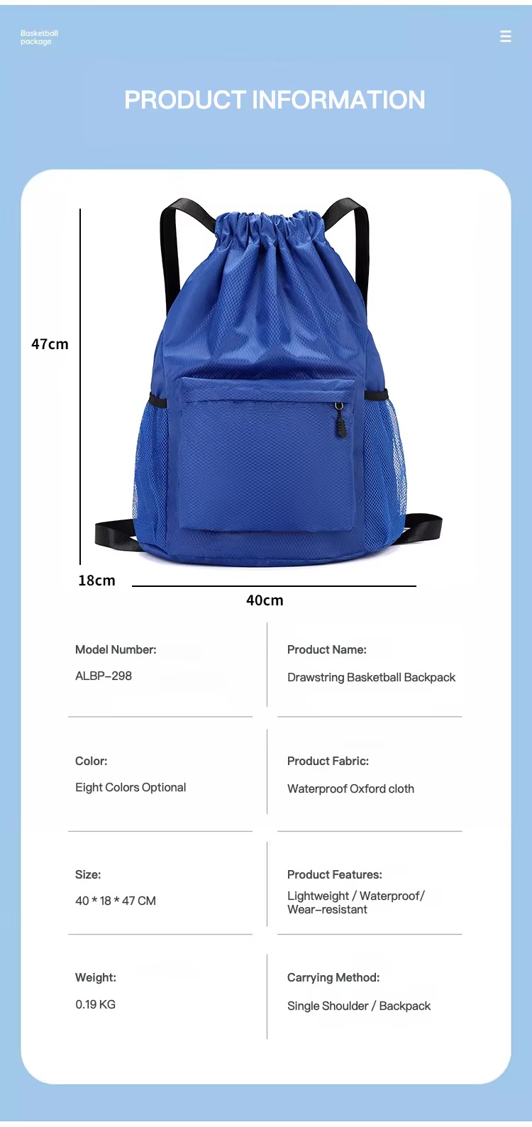 product information with 40x18x47 cm size and 0.19 kg