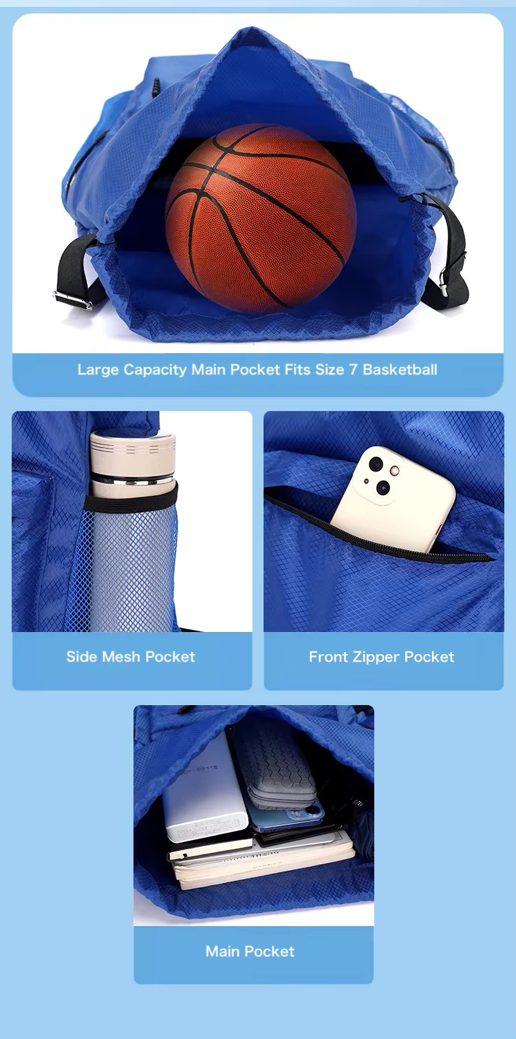 size 7 basketball in main pocket, side mesh and front zipper pockets