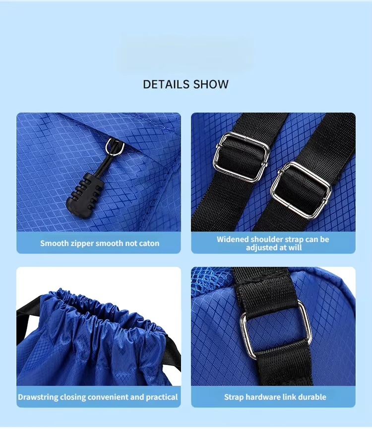 zipper, strap adjuster, drawstring and hardware close-ups
