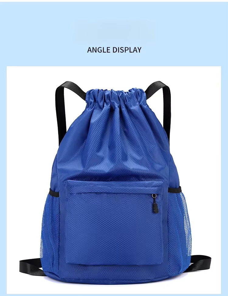 front view of blue drawstring backpack