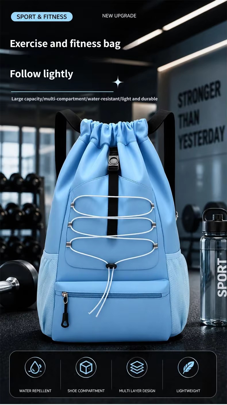 sky blue drawstring gym backpack in fitness room