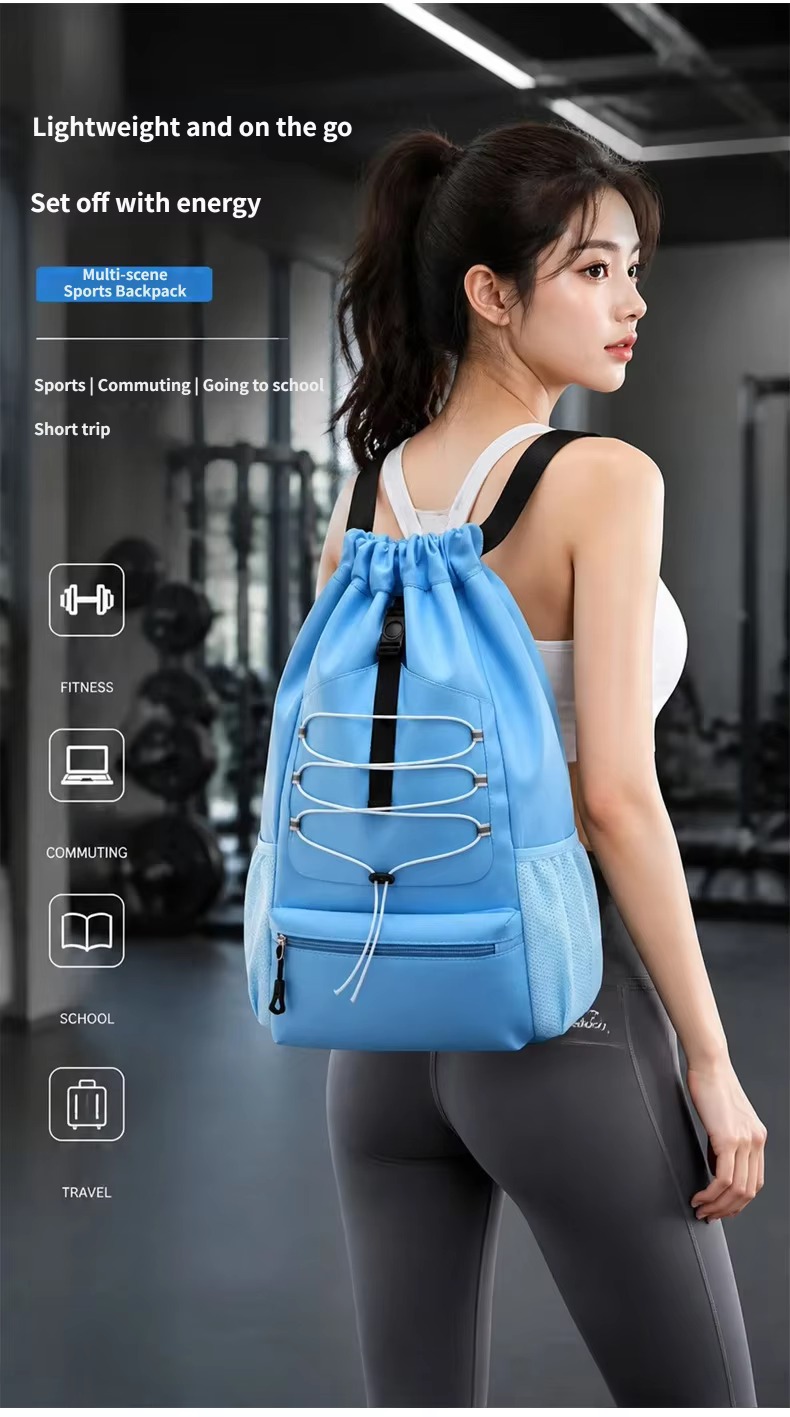 woman wearing gym drawstring backpack