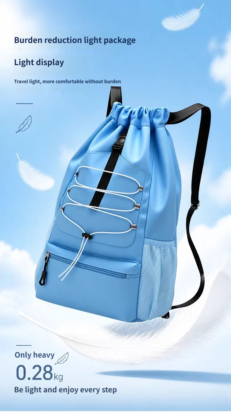 lightweight drawstring backpack floating with feathers